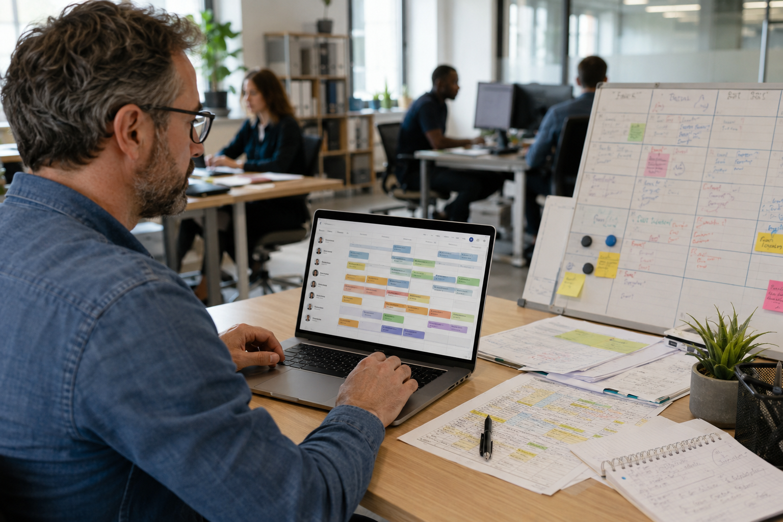 Un homme qui prépare les plannings de l'entreprise